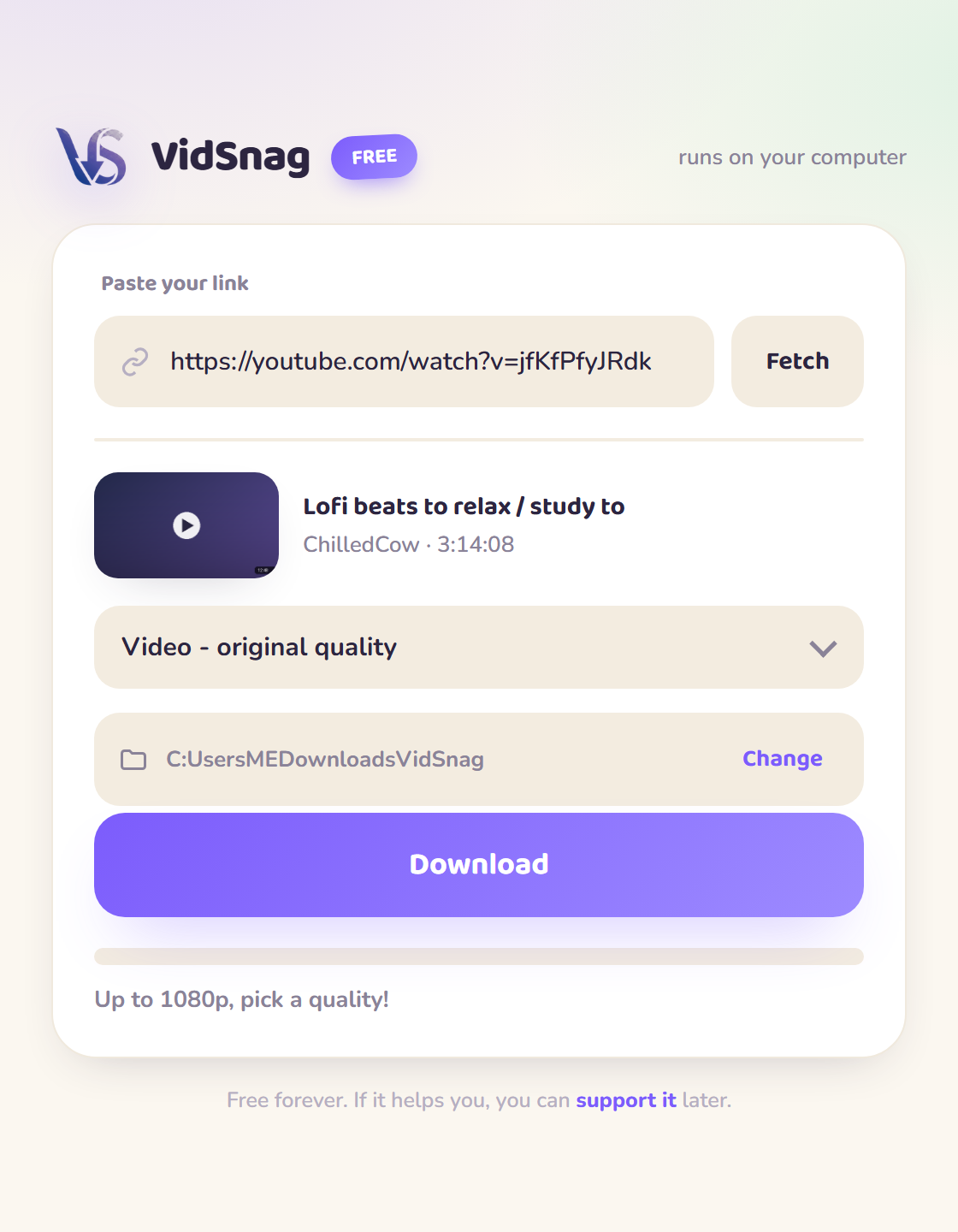 The VidSnag app downloading a video in a clean little window